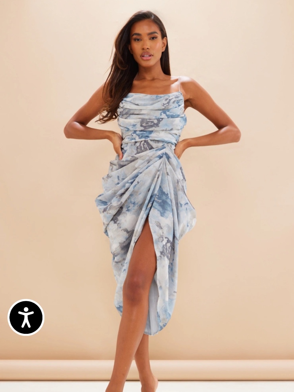 ✨ GREY ABSTRACT PRINT CHIFFON RUCHED DRAPE MIDI DRESS
